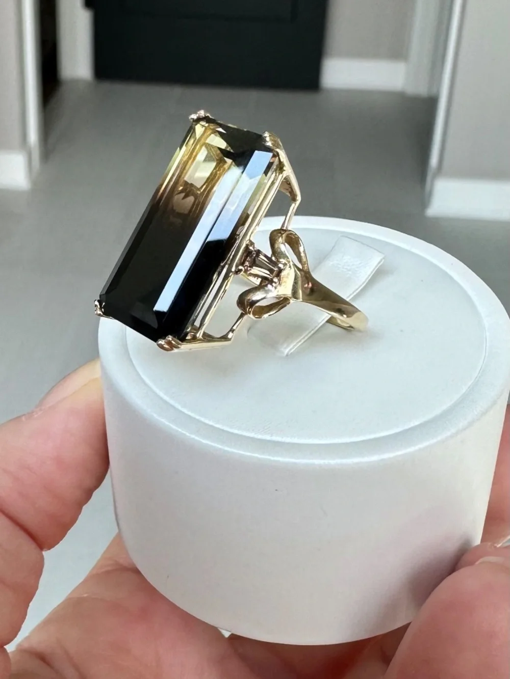 👑 MASSIVE 14k Gold 24mm Bicolor Citrine Smoky Quartz Statement Ring 🤎 Size 8.5